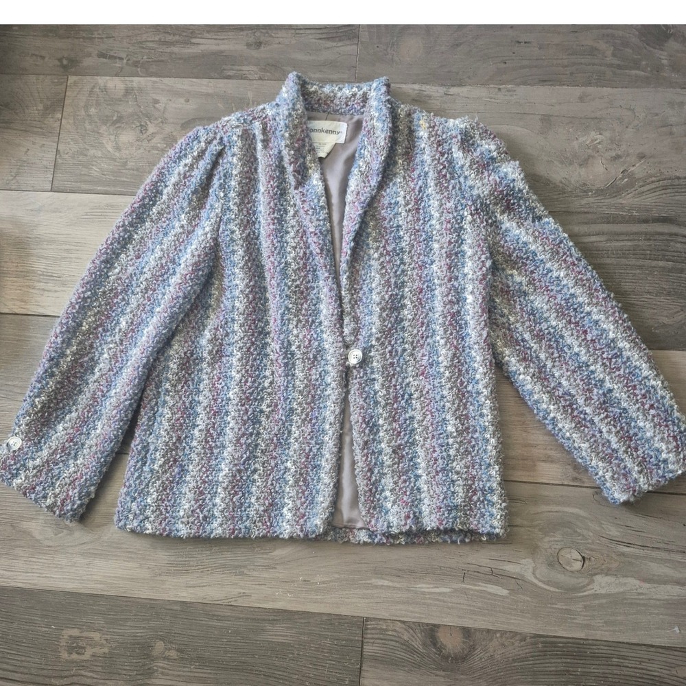 Vintage Donnkenny Multicolor Boucle Knit Wool Blend Open Front Jacket Womens L